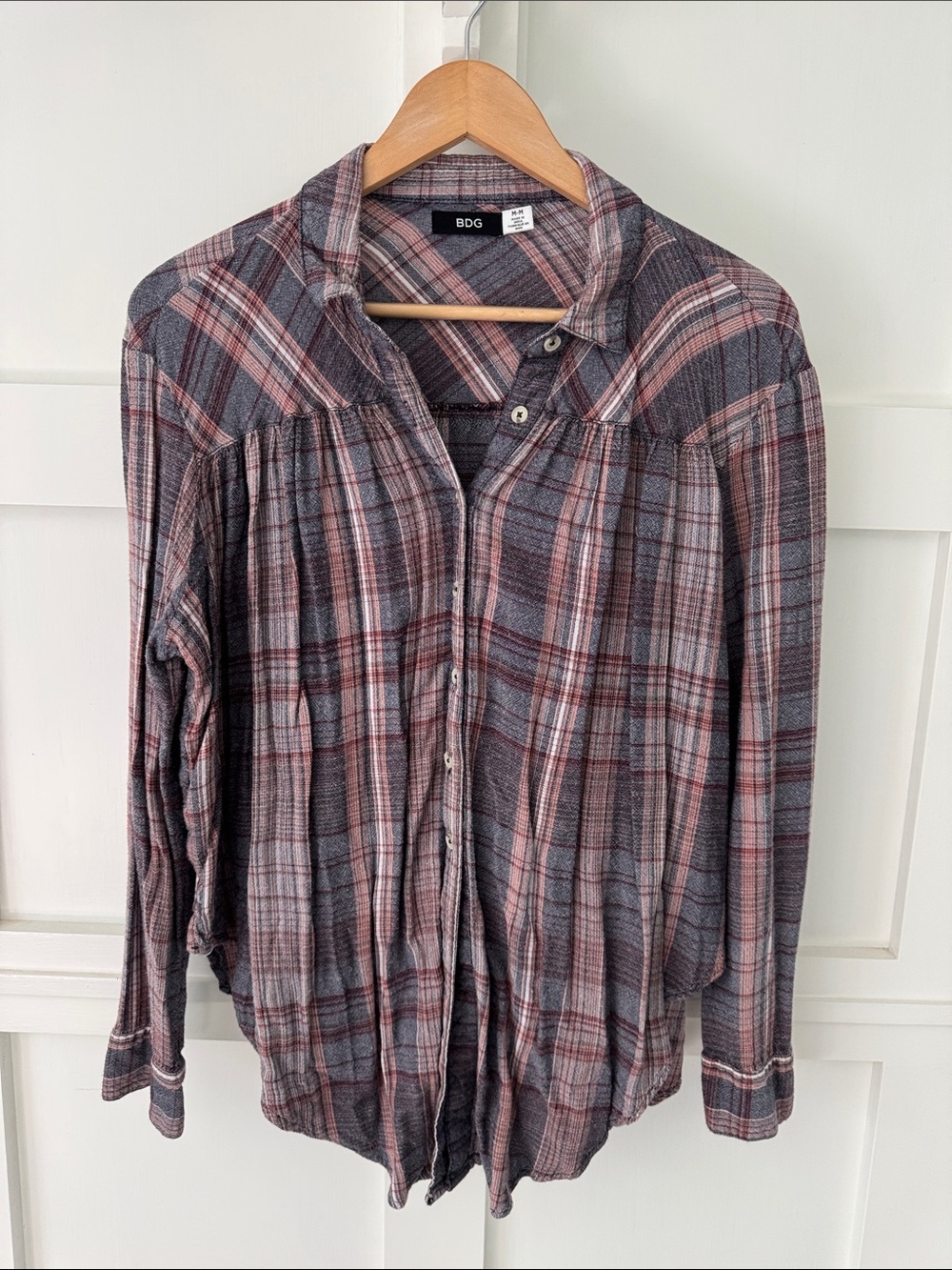 BDG Women’s Plaid Button-Down Shirt in Gray and Pink Tones